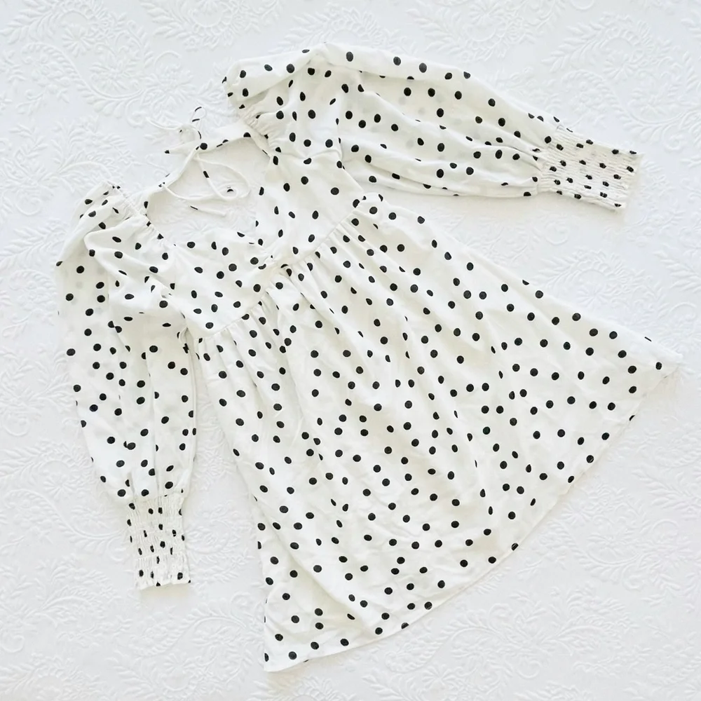 NWOT Lulus Meet Me At Our Spot White Polka Dot Long Sleeve Mini Dress Small - Picture 7 of 13